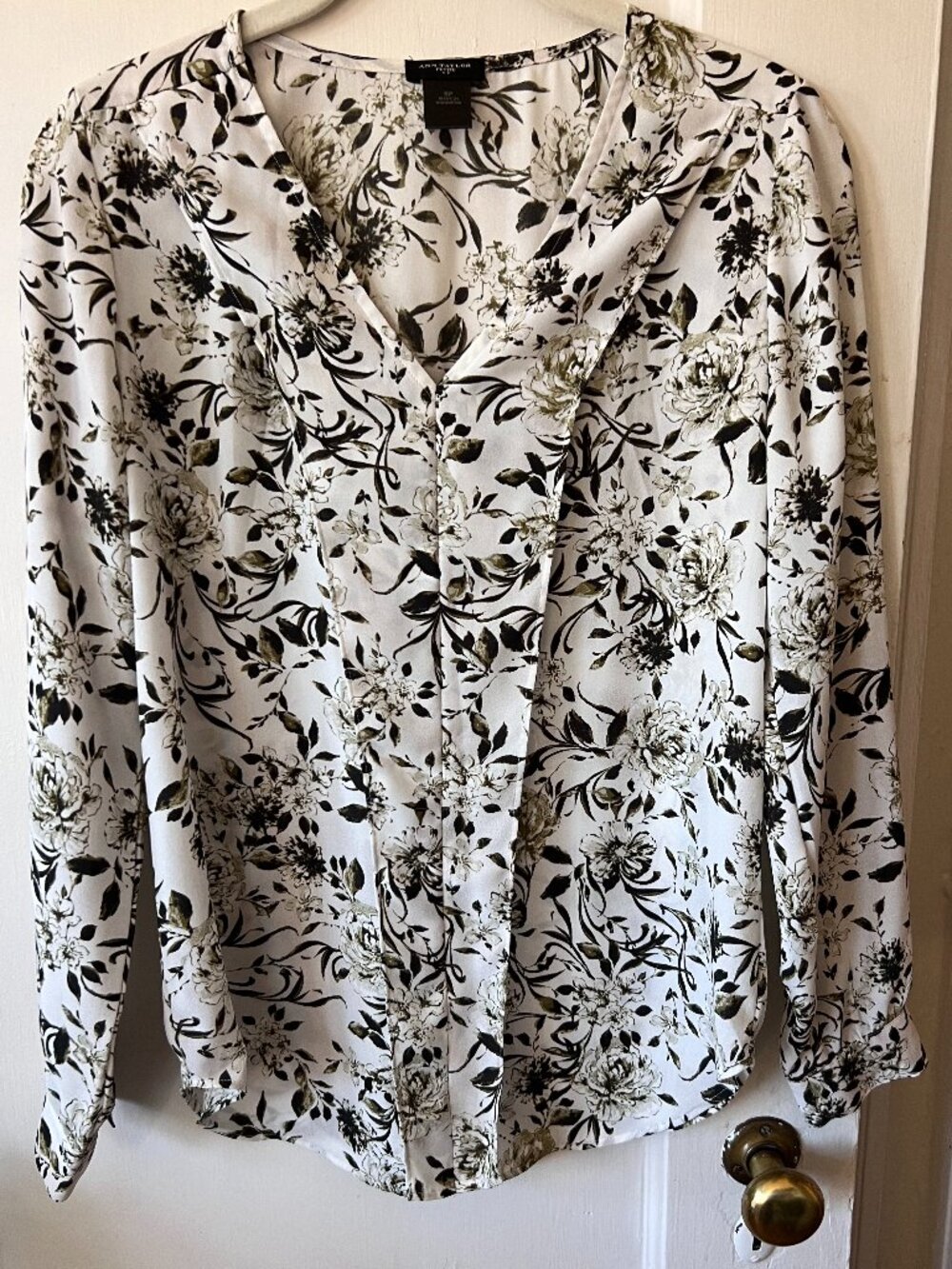 Ann Taylor Cream Floral V-Neck Blouse | Romantic Office Career Chic Top